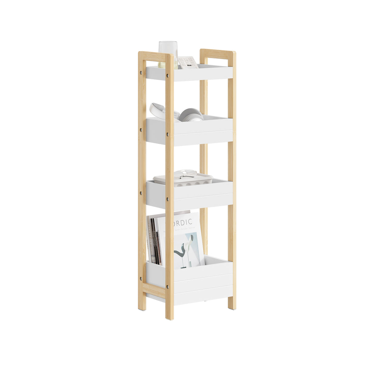 sobuyes.shopG226-H-WN Étagère WC Étroite 28 cm avec 4 Compartiments, Cadre Bambou et Anti-basculement – Rangement Toilette Bois N