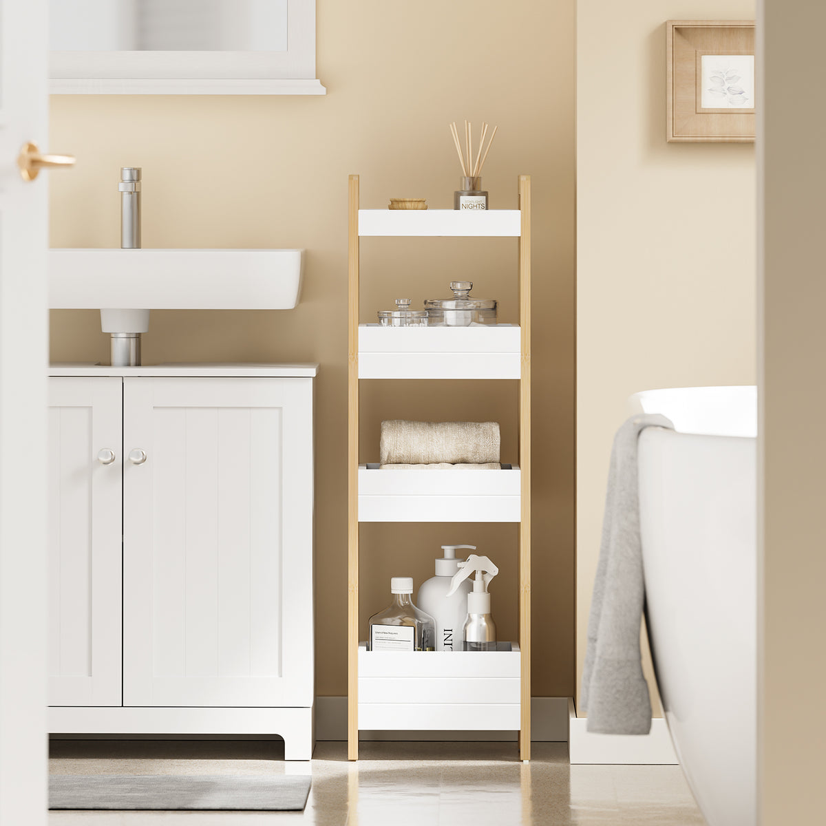 sobuyes.shopG226-H-WN Étagère WC Étroite 28 cm avec 4 Compartiments, Cadre Bambou et Anti-basculement – Rangement Toilette Bois Naturel et Blanc, 90 cm