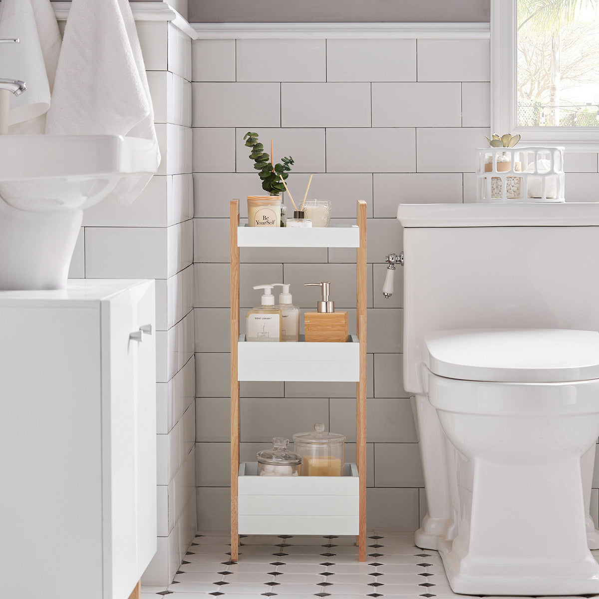 sobuyes.shopG226-WN Tour de rangement salle de bain 20 cm avec 3 paniers – Blanc et bois
