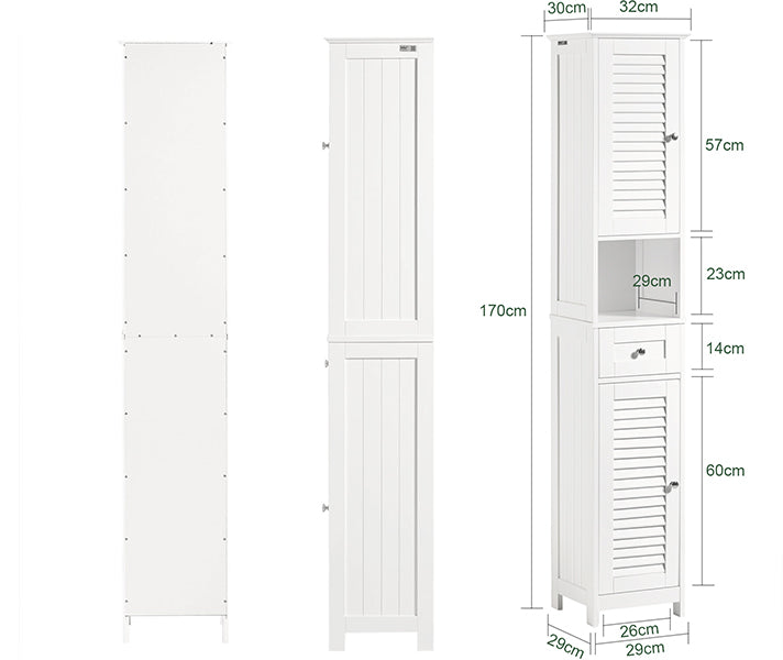 sobuyes.shopG236-W Colonne de Salle de Bain – 32 cm, 2 Portes Persiennes, Tiroir et Niche, Blanc