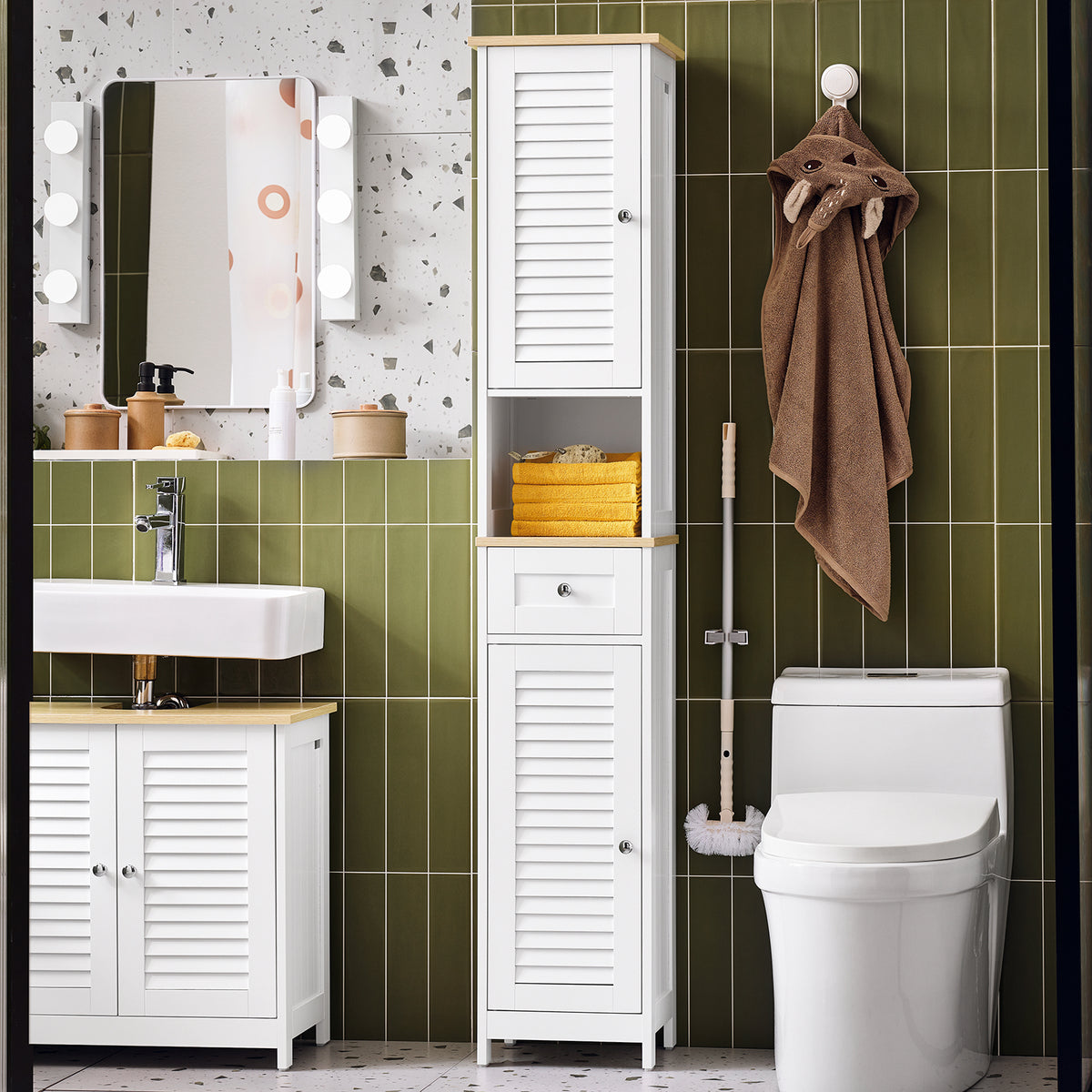 sobuyes.shopG236-WN Meuble Colonne de Salle de Bain Armoire Haute Meuble de Rangement avec étagères réglables, 1 Tiroir et 2 Portes