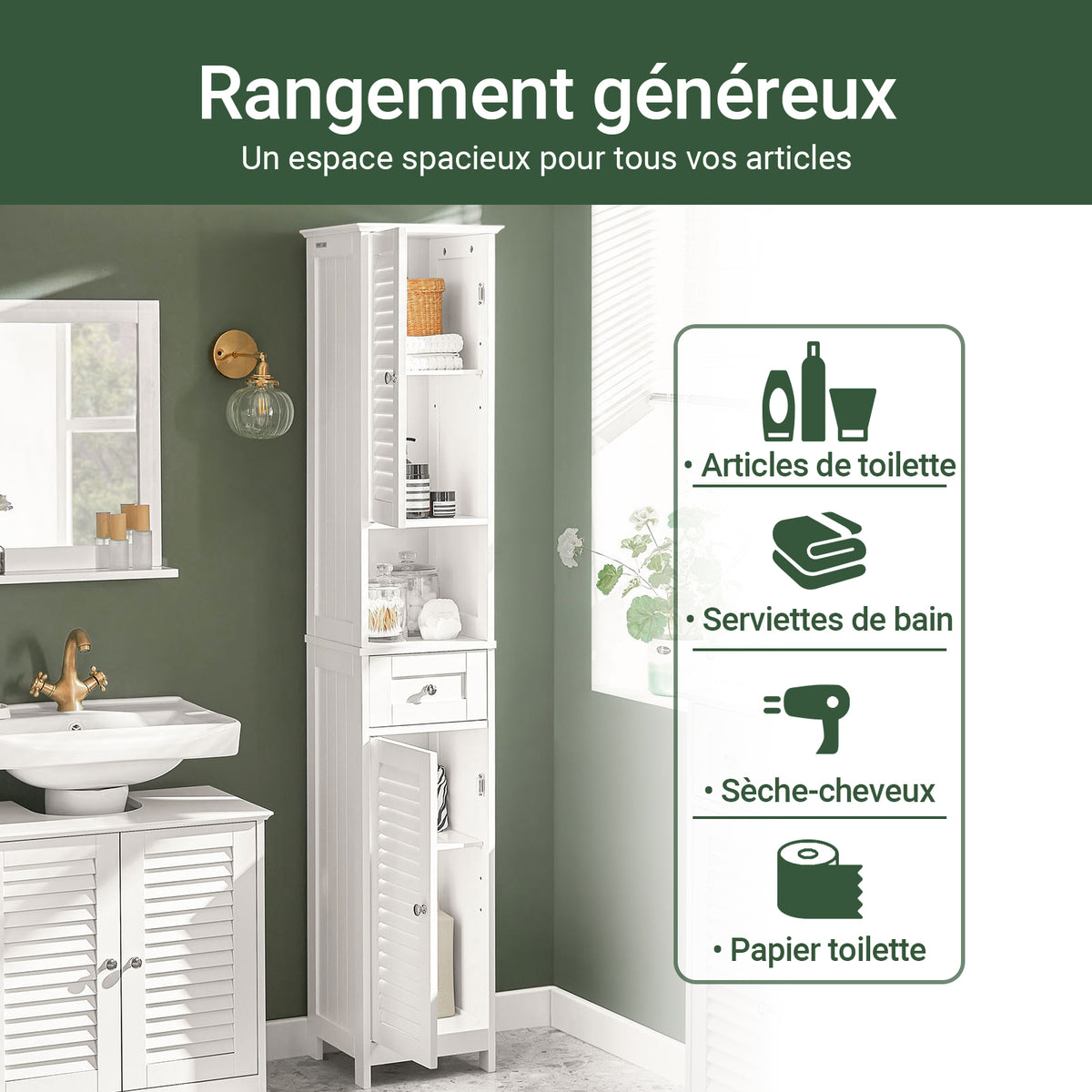 sobuyes.shopG236-W Colonne de Salle de Bain – 32 cm, 2 Portes Persiennes, Tiroir et Niche, Blanc