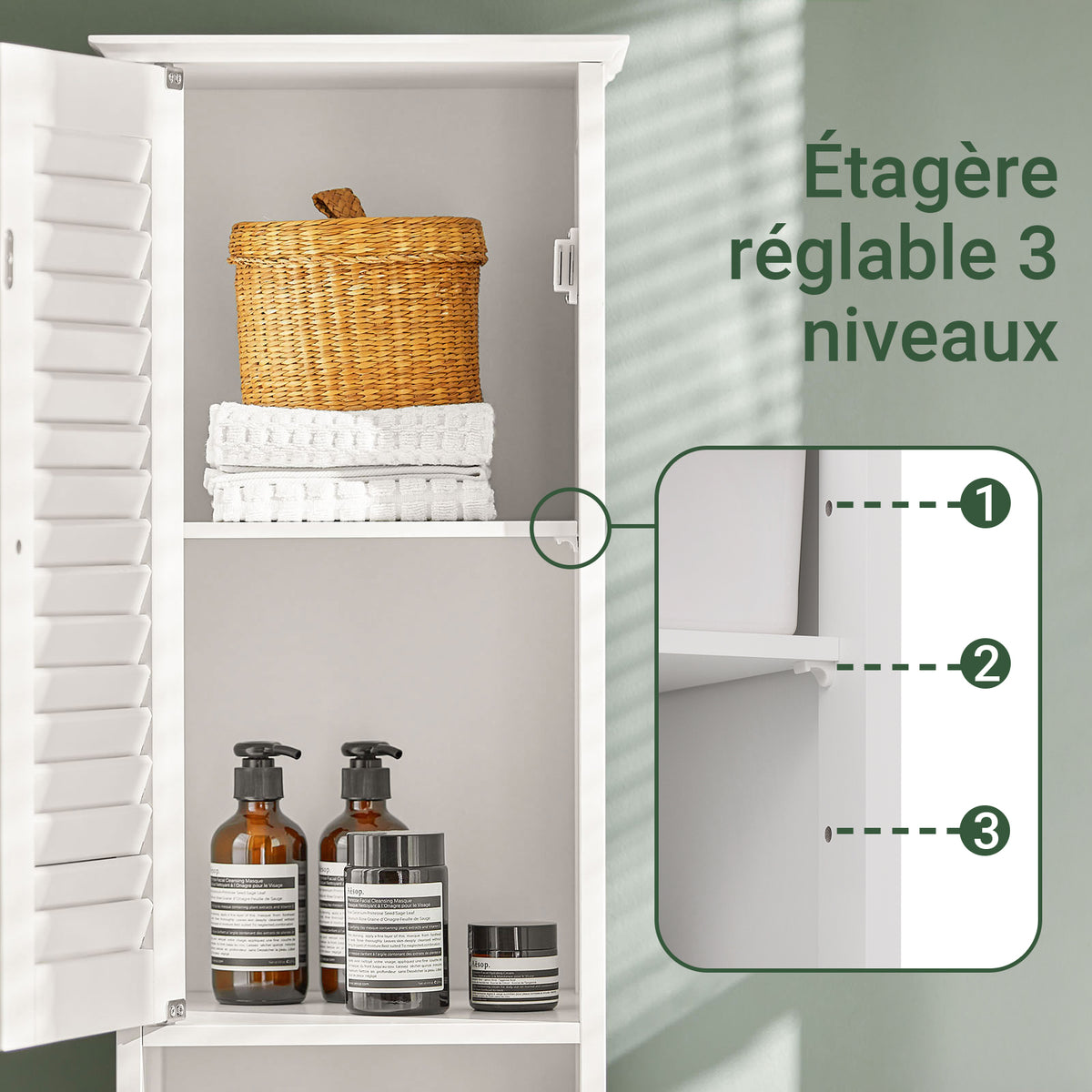 sobuyes.shopG236-W Colonne de Salle de Bain – 32 cm, 2 Portes Persiennes, Tiroir et Niche, Blanc