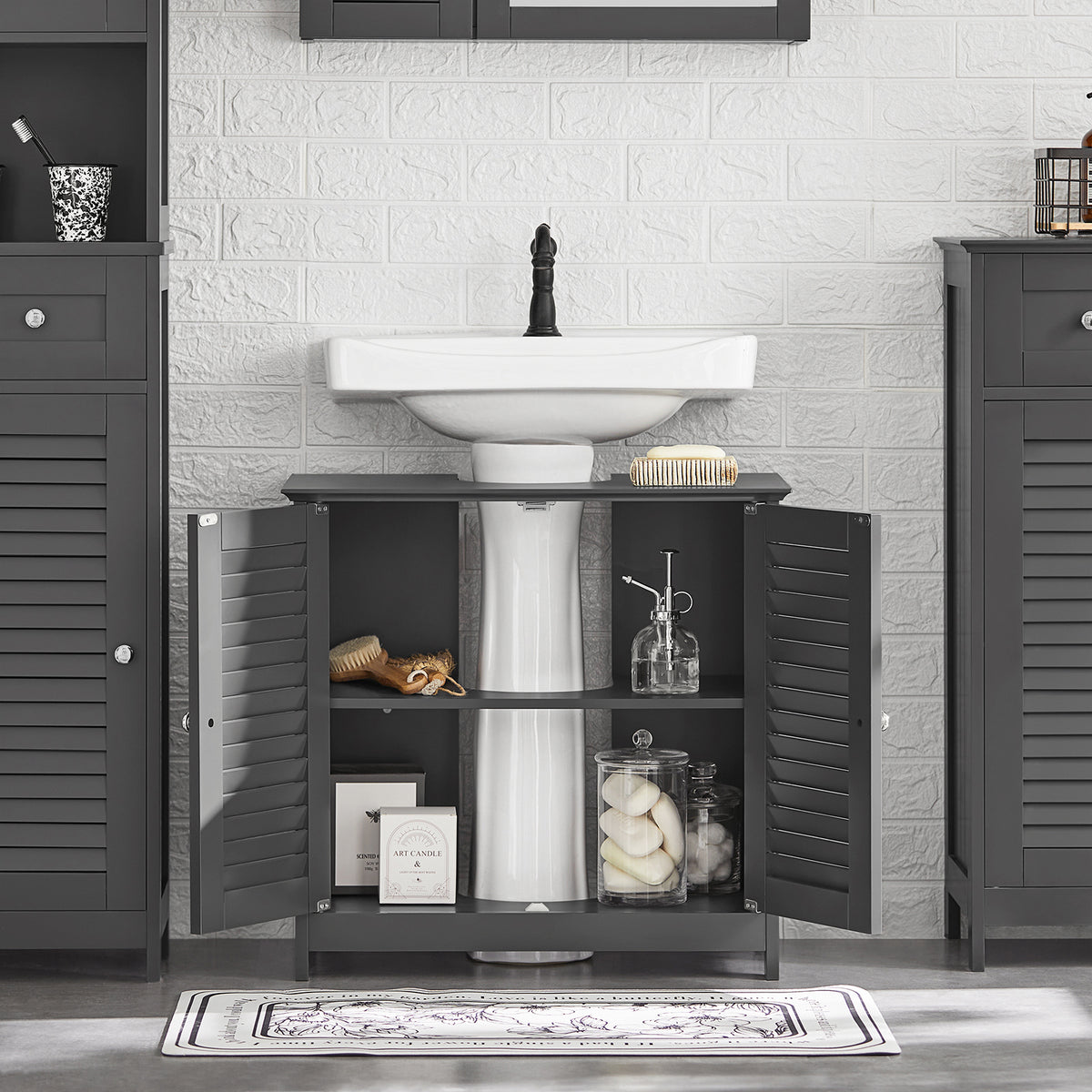 sobuyes.shopG237-II-DG Meuble sous Lavabo avec Étagères Ajustables, Résistant à l’Humidité, pour Salle de Bain et WC, Rangement Optimisé – L60×P35×H58 cm, MDF, Gris