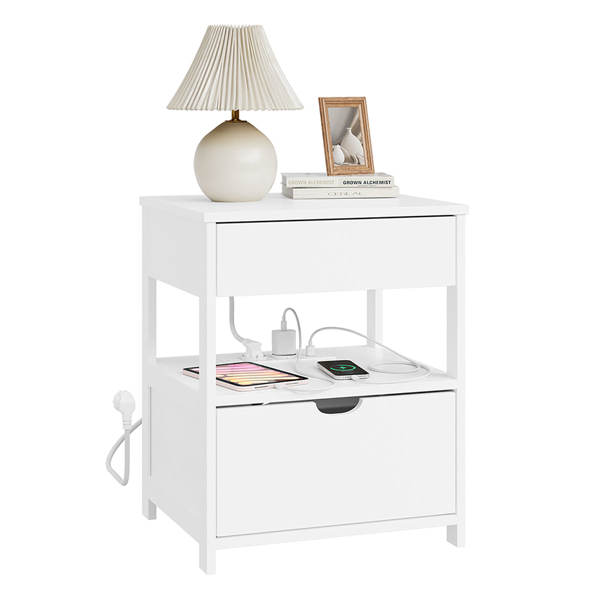 sobuyes.shopG258-II-E-W Table de Chevet avec Station de Charge 4-en-1, 2 Tiroirs et Étagère – Blanc, 45×38×55,5 cm