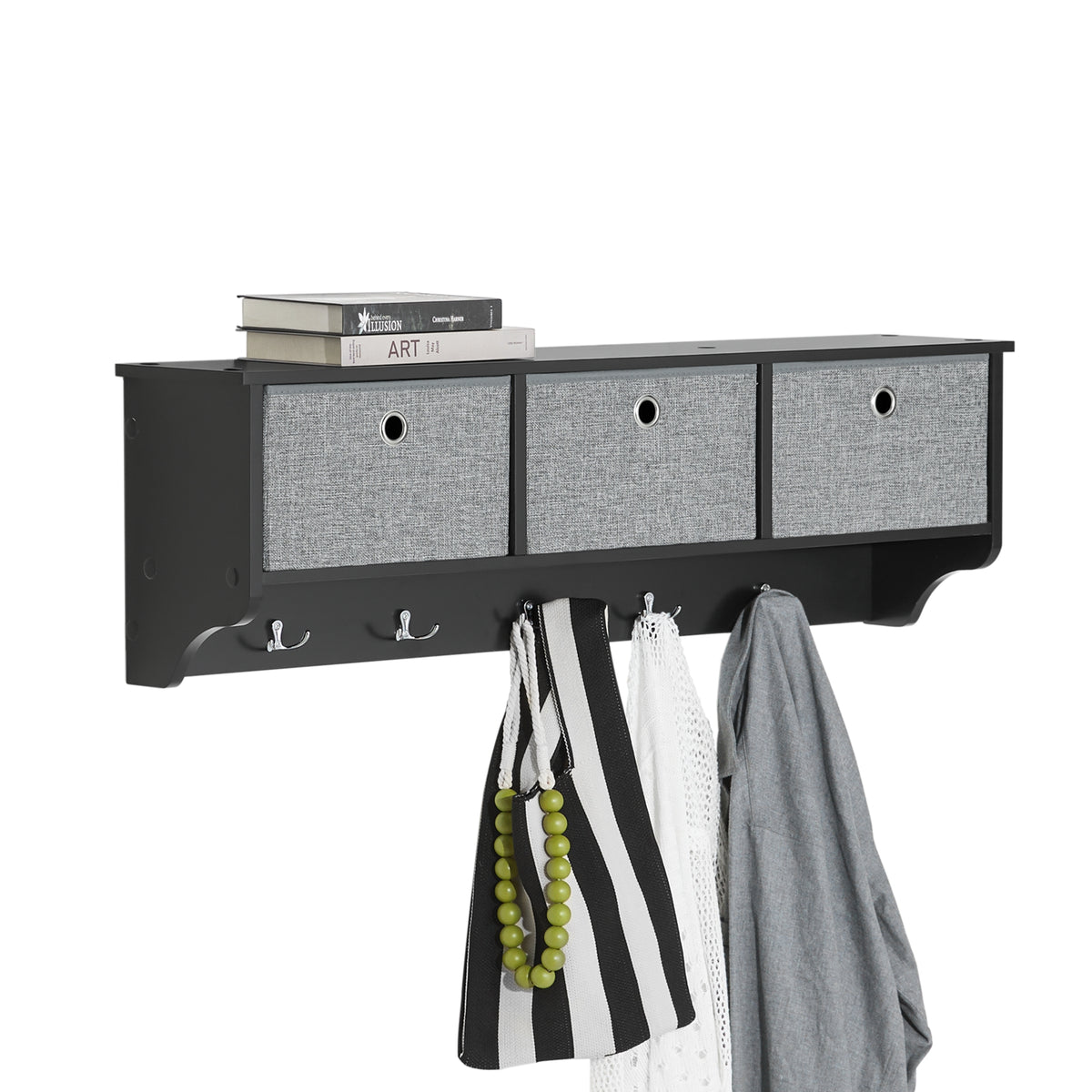 sobuyes.shopG282-SCH Porte Manteau Mural avec 5 Crochets et 3 Paniers - Porte Manteau Mural Bois, Meuble Entrée avec Étagère - Pe