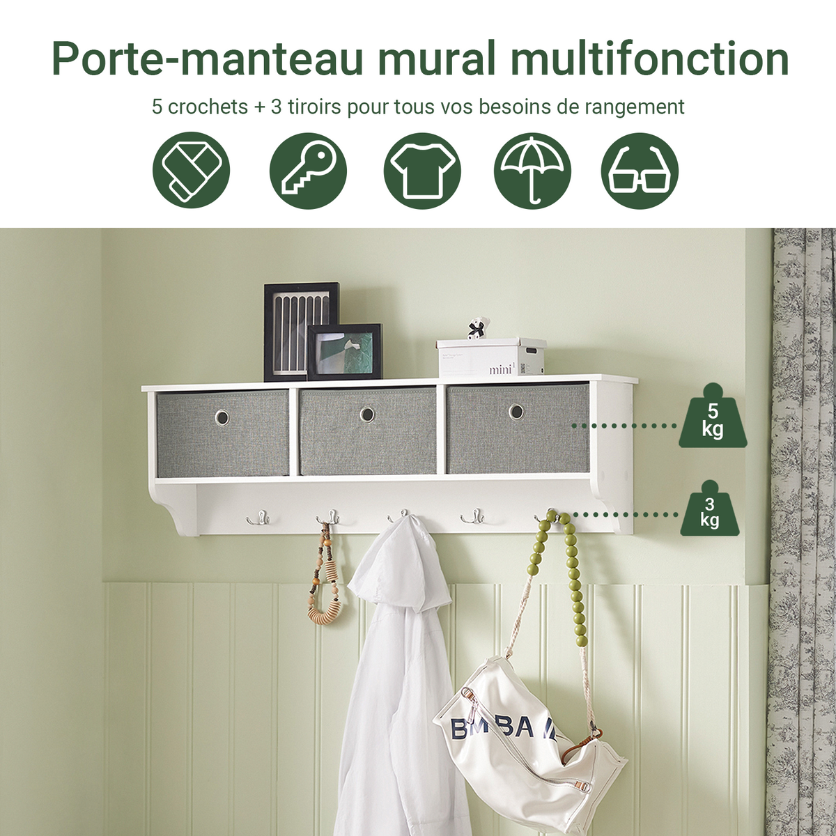 sobuyes.shopG282-W Porte-Manteau Mural avec 5 Crochets et 3 Paniers, pour Entrée et Couloir, Design Fonctionnel, Usage Quotidien – L100×P20×H30 cm, Bois, Blanc