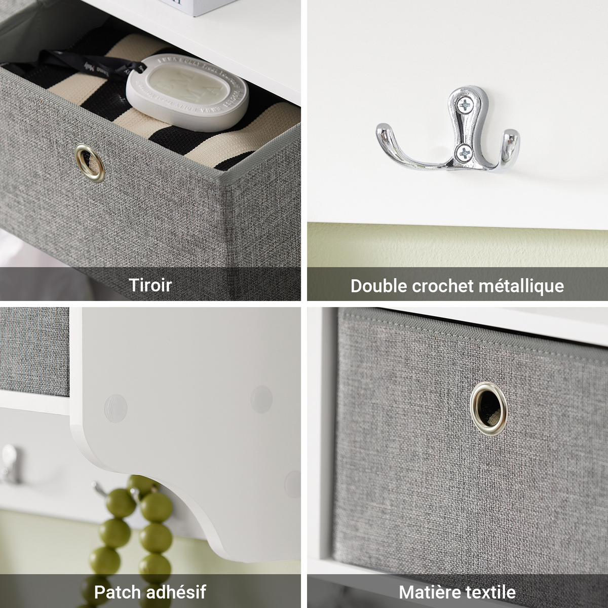 sobuyes.shopG282-W Porte-Manteau Mural avec 5 Crochets et 3 Paniers, pour Entrée et Couloir, Design Fonctionnel, Usage Quotidien – L100×P20×H30 cm, Bois, Blanc
