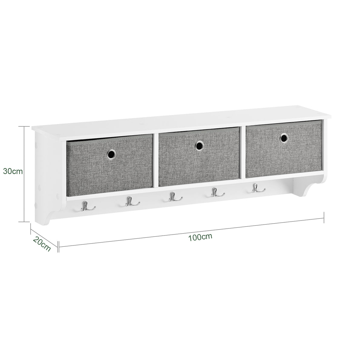 sobuyes.shopG282-W Porte-Manteau Mural avec 5 Crochets et 3 Paniers, pour Entrée et Couloir, Design Fonctionnel, Usage Quotidien – L100×P20×H30 cm, Bois, Blanc