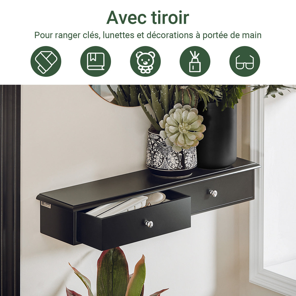 sobuyes.shopG43-SCH Etagere Murale avec 2 Tiroirs - Étagère Flottante Moderne pour Entrée, Salon, Cuisine & Chambre - Noir 64x15x10cm