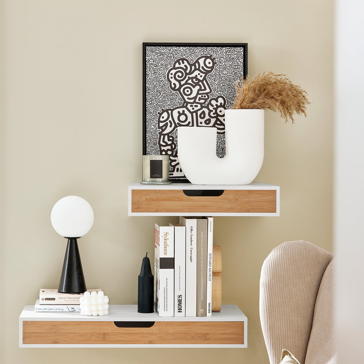 sobuyes.shopG92-WNx2 Lot de 2 Étagères Murales Flottantes avec Tiroir, Étagère Murale Moderne pour Entrée, Salon, Cuisine ou Chambre, Blanc & Nature 40×24×8 cm