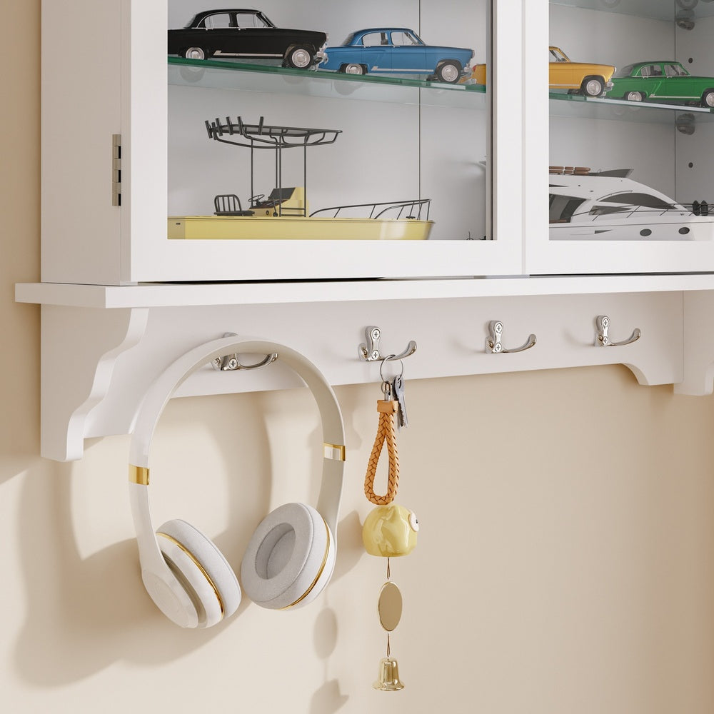 SoBuy FSB114-E-W Armoire Murale Suspendue Blanche 2 Portes Vitrées – Meuble de Rangement Peu Profond avec Éclairage LED pour Salle de Bain, Cuisine et Salon – 68×13,5×68,5 cm, Charge 18 kg