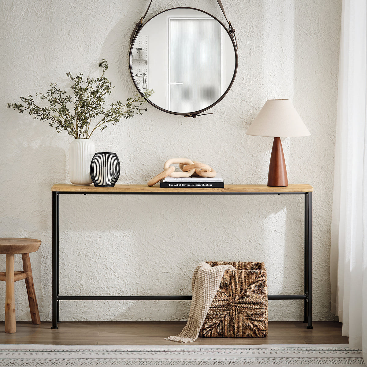 SoBuy FSB19-E Console d’Entrée Design Fonctionnel et Gain de Place, Design Moderne, Structure Robuste, Usage Quotidien – L120×P20×H65 cm, Métal, Naturel et Noir