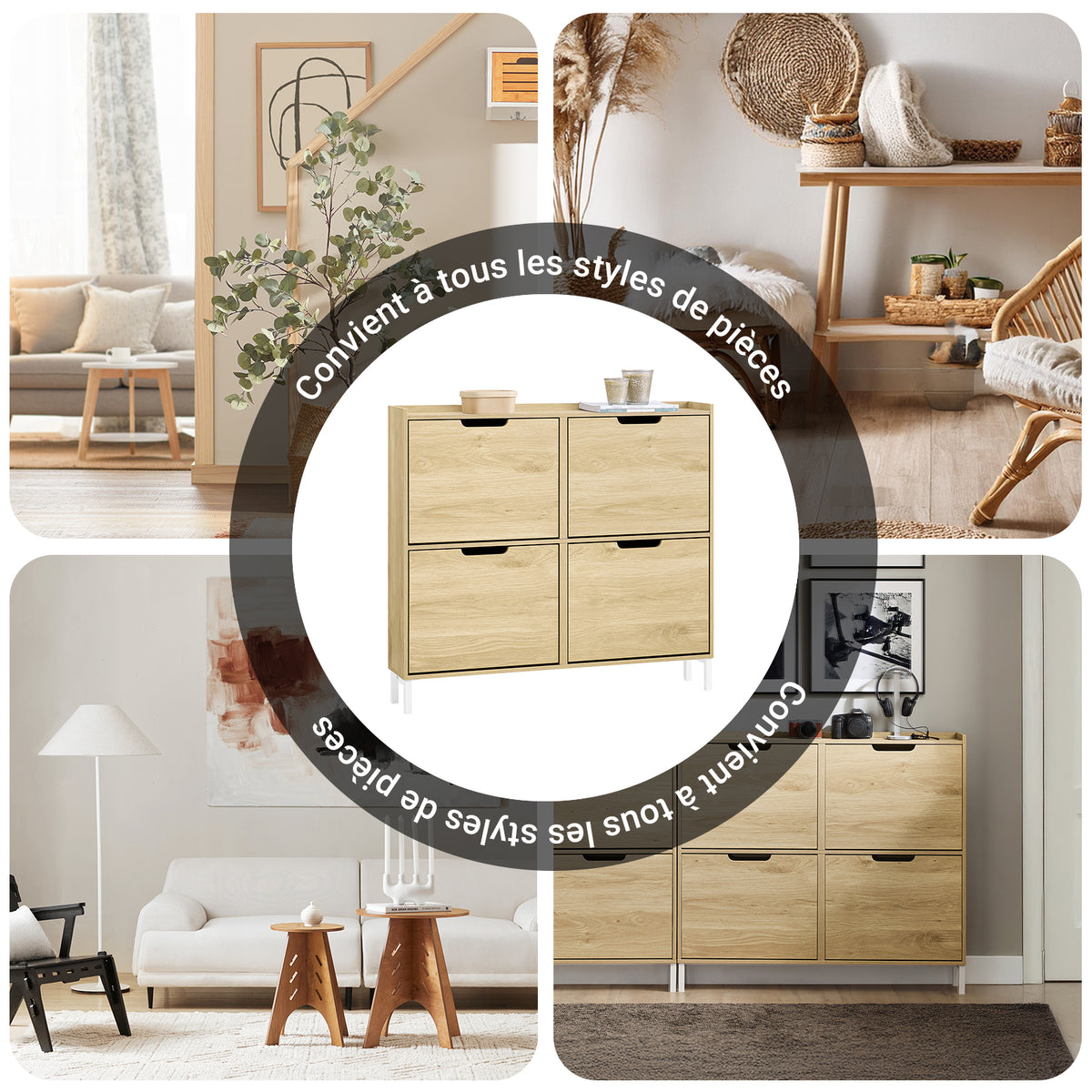 SoBuy FSR100-N Armoire à chaussures ultra-slim 19 cm – 4 abattants, 8 à 12 paires, anti-basculement, Naturel, 100×19×91 cm