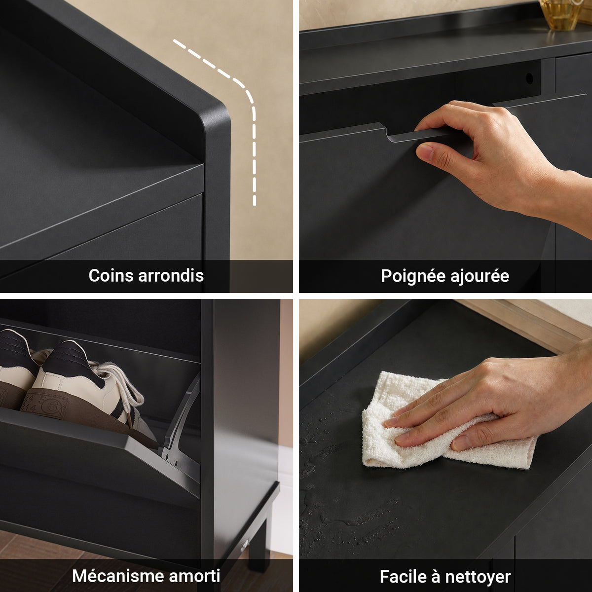 SoBuy FSR100-SCH Meuble à Chaussures 4 Abattants – 19 cm de Profondeur, Jusqu'à 12 Paires, Noir Mat