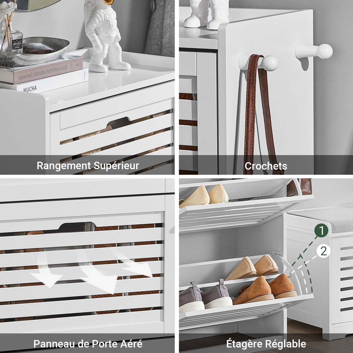 SoBuy FSR108-W Armoire à Chaussures 3 Abattants avec 2 Crochets et Porte-Manteau – 55×30×112 cm, 45 kg, MDF + Bambou, Blanc