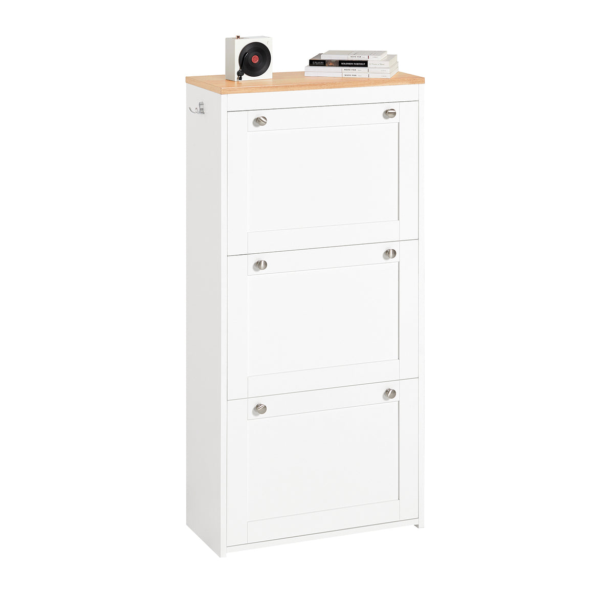 SoBuy FSR144-WN Armoire à Chaussures 3 Abattants et 2 Crochets, Meuble d'Entrée pour Couloir – Blanc et Naturel
