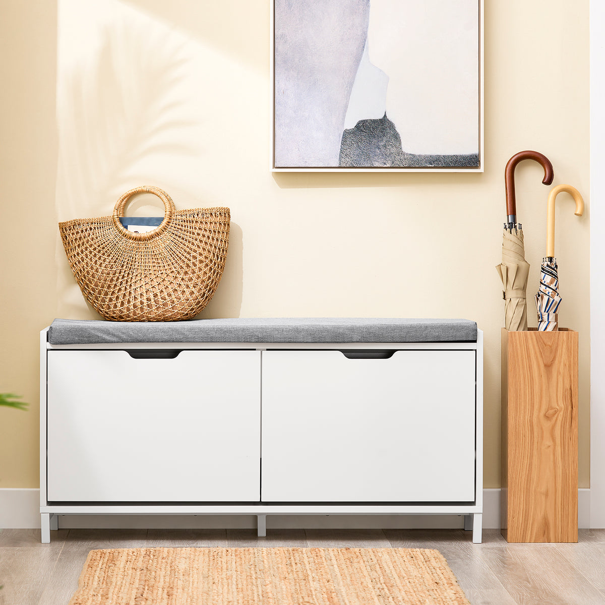 SoBuy FSR151-L-W Banc à Chaussures avec 4 Compartiments et Coussin Confortable, pour Entrée et Couloir, Compact – L105×P24×H52 cm, Charge 250 kg, Bois, Blanc