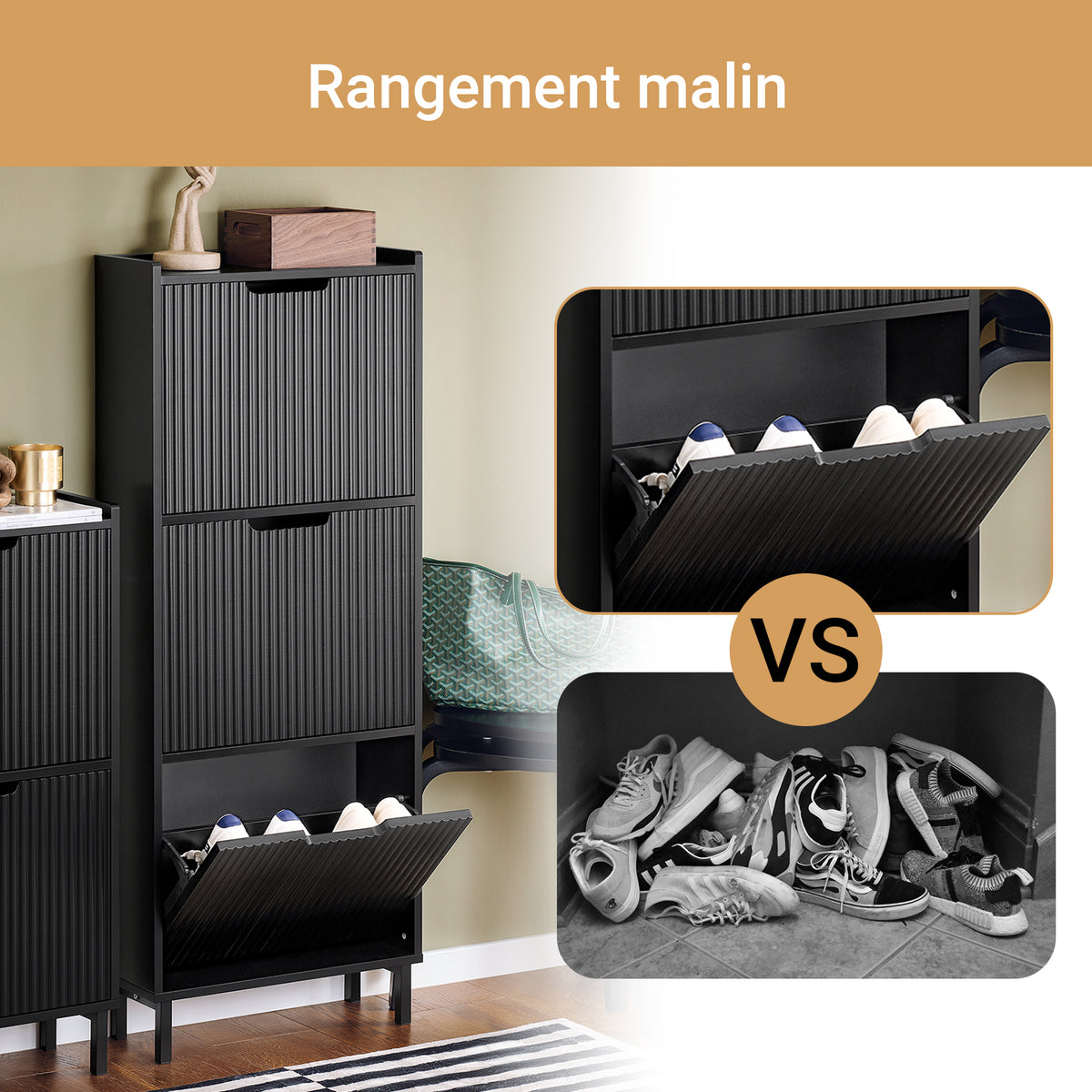 SoBuy FSR177-H-SCH Meuble à Chaussures Ultra-Slim 19 cm à 3 Abattants – 6 à 8 Paires – 130 cm – Blanc