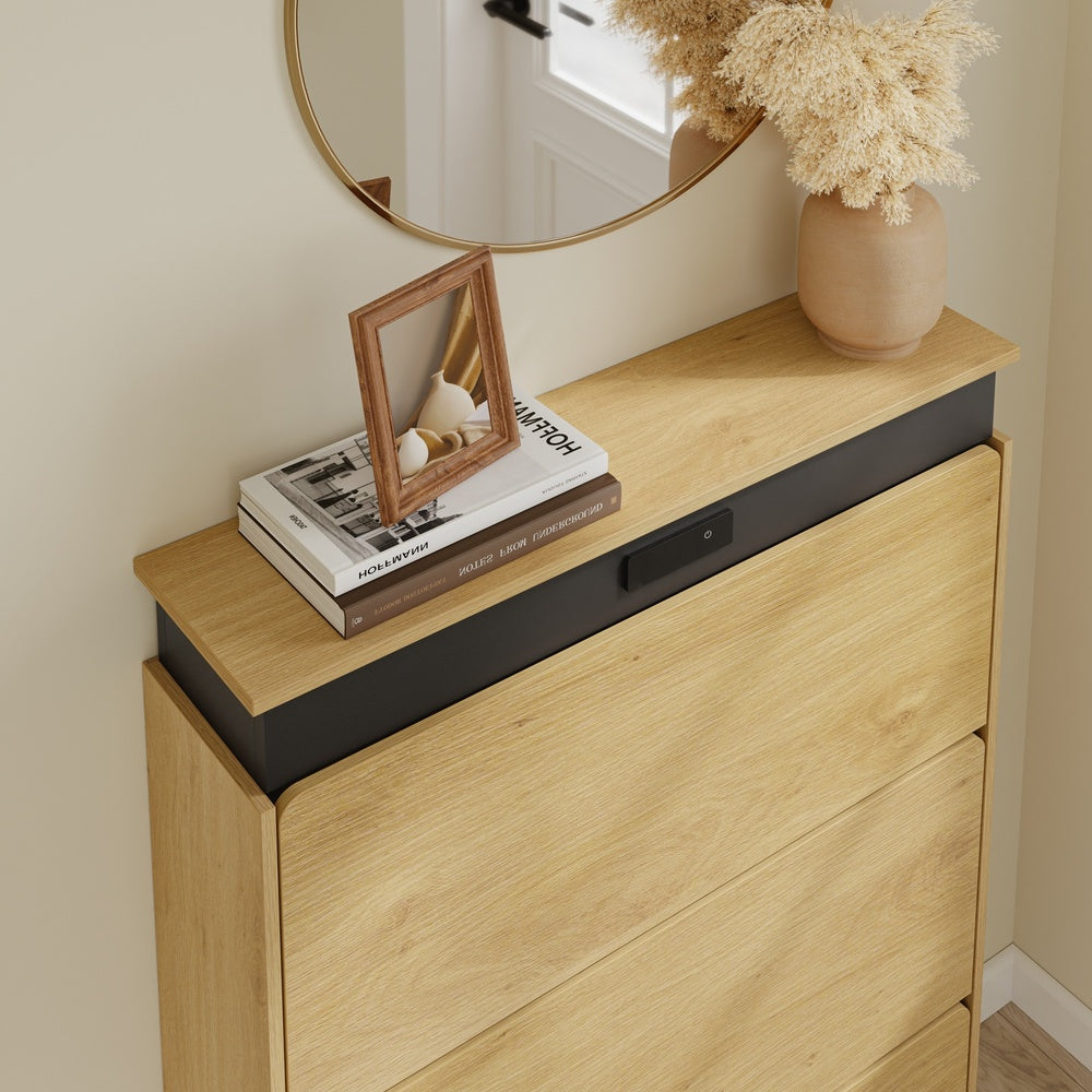 SoBuy FSR226-E-N Meuble à Chaussures 3 Abattants Chêne Clair – Armoire à Chaussures Étroite avec Séchage et Désodorisation, Meuble d'Entrée en Bois pour Couloir – 78×19×115,4 cm, Charge 25 kg