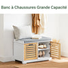 SoBuy FSR23-II-WN Banc à Chaussures avec Coussin Rembourré, 2 Portes et 4 Compartiments Ouverts pour Entrée – 71x35x43 cm, Blanc et Naturel