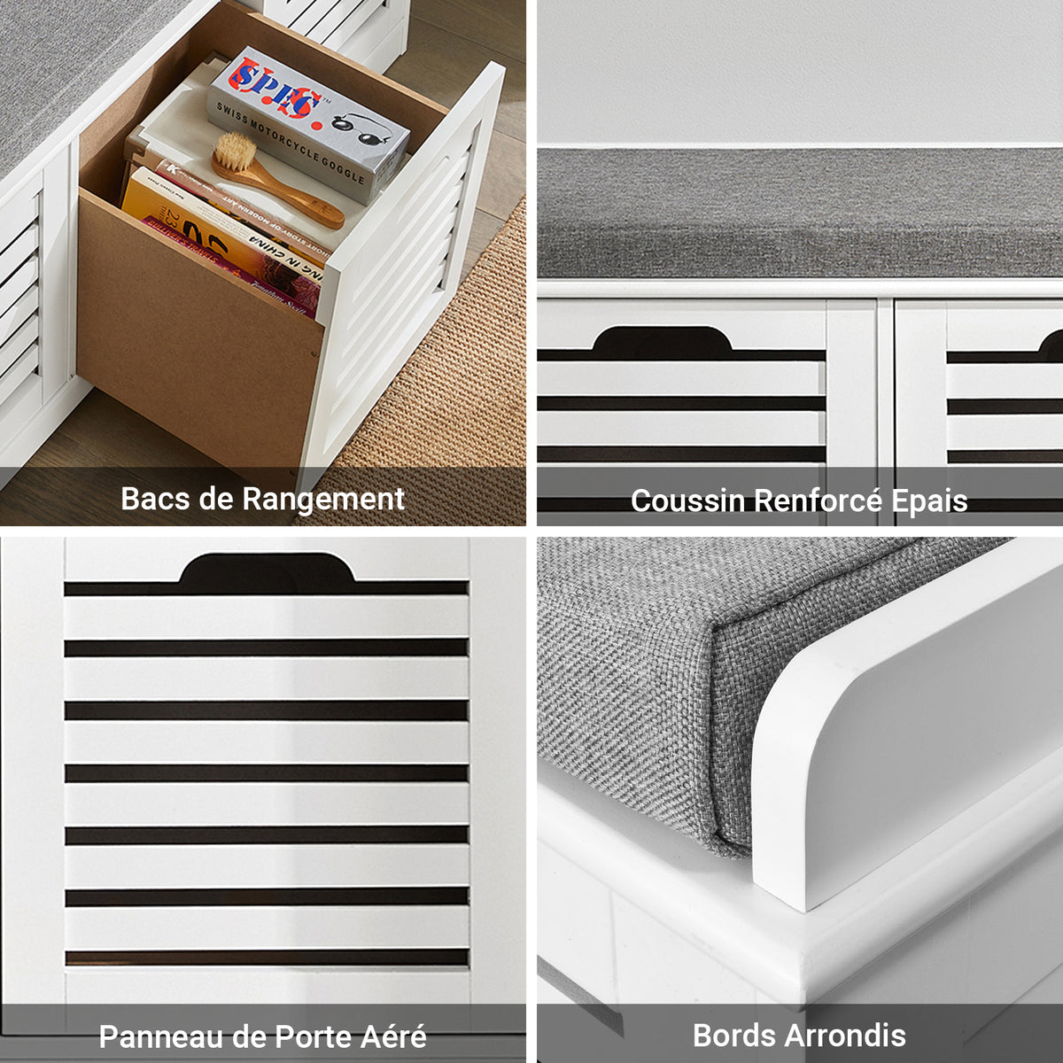 SoBuy FSR23-W Banc à Chaussures avec Coussin Rembourré et 3 Paniers de Rangement pour Entrée – 105x35x43 cm, Blanc