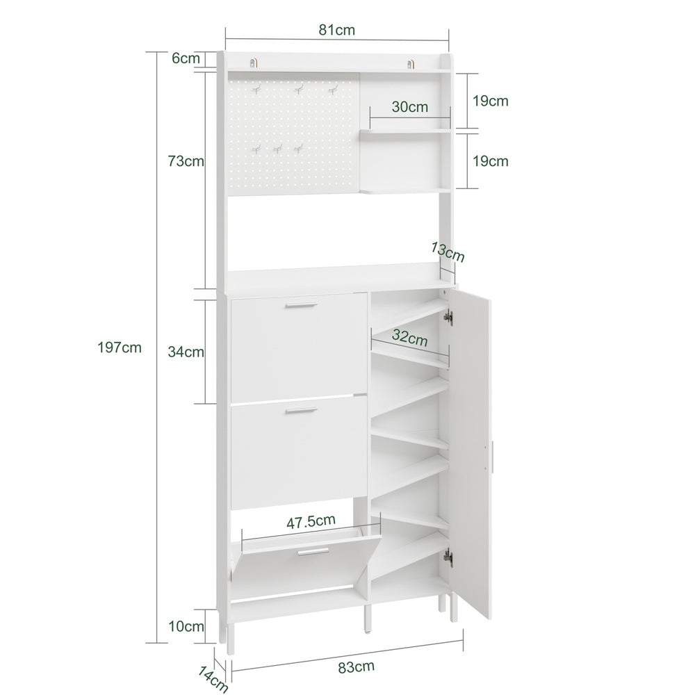SoBuy FSR232-W Meuble à Chaussures Blanc 12 Paires – Armoire à Chaussures Étroite 14 cm, 3 Tiroirs Basculants et 1 Porte, Panneau Perforé et 6 Crochets – 83×14×197 cm, Charge 70 kg