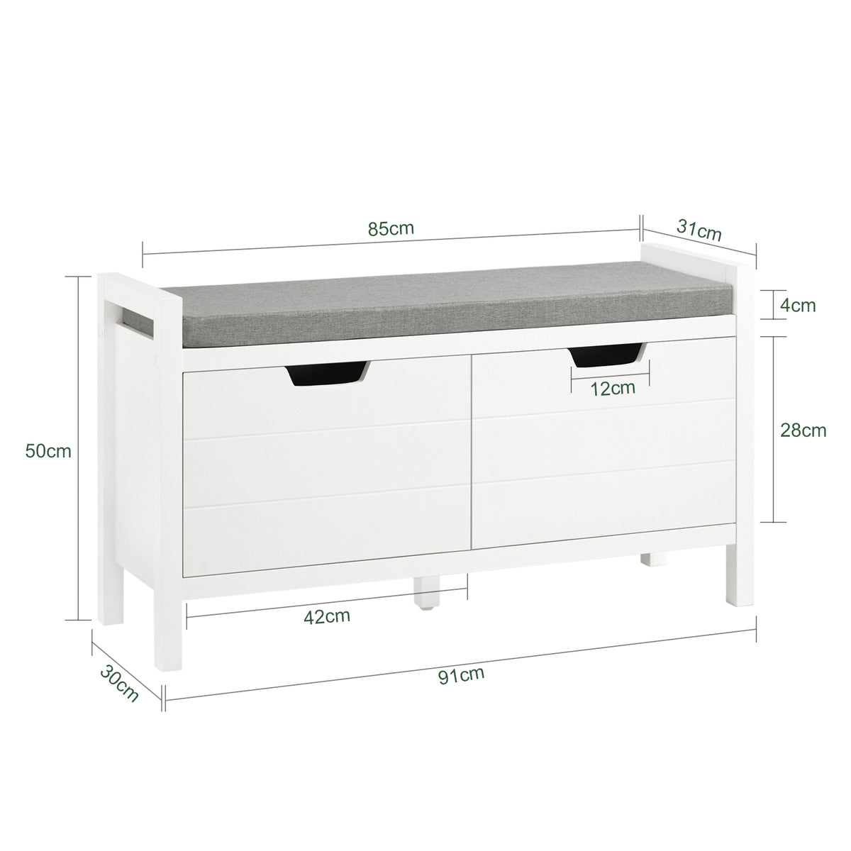 SoBuy FSR63-II-W Banc à Chaussures avec Coussin Rembourré et 2 Portes, Meuble d'Entrée – 91x30x50 cm, Blanc