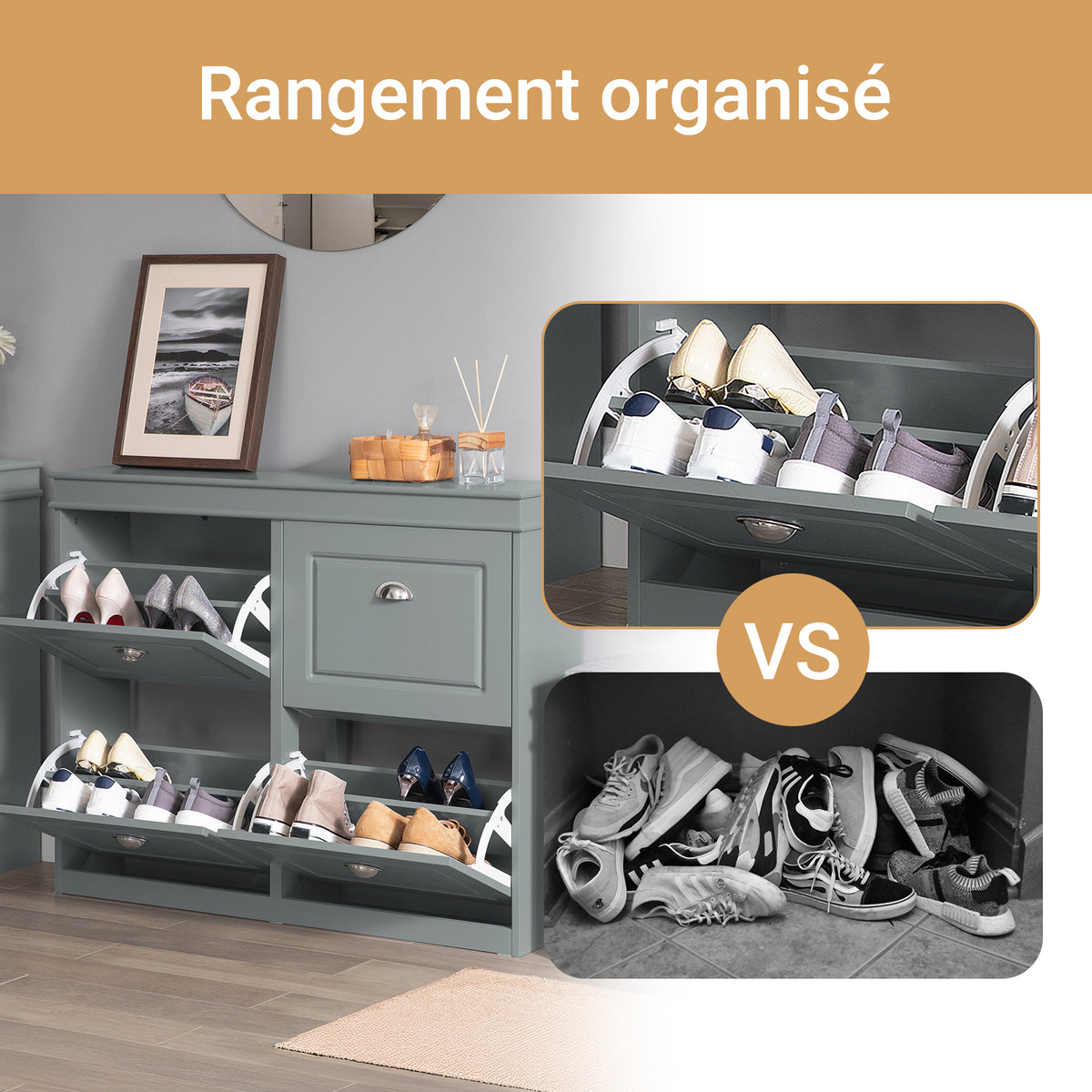 SoBuy FSR79-HG Meuble à Chaussures Slim 24 cm – 4 Abattants, 16 Paires, FSC® – Gris Clair
