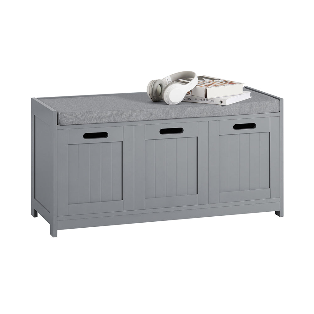 SoBuy FSR80-SG Banc à Chaussures avec Coussin Rembourré, 2 Portes et 1 Cube de Rangement pour Entrée – 90x35x45 cm, Gris Arge
