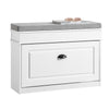 Banc à chaussures blanc, largeur de 24 cm, compact et pratique.
