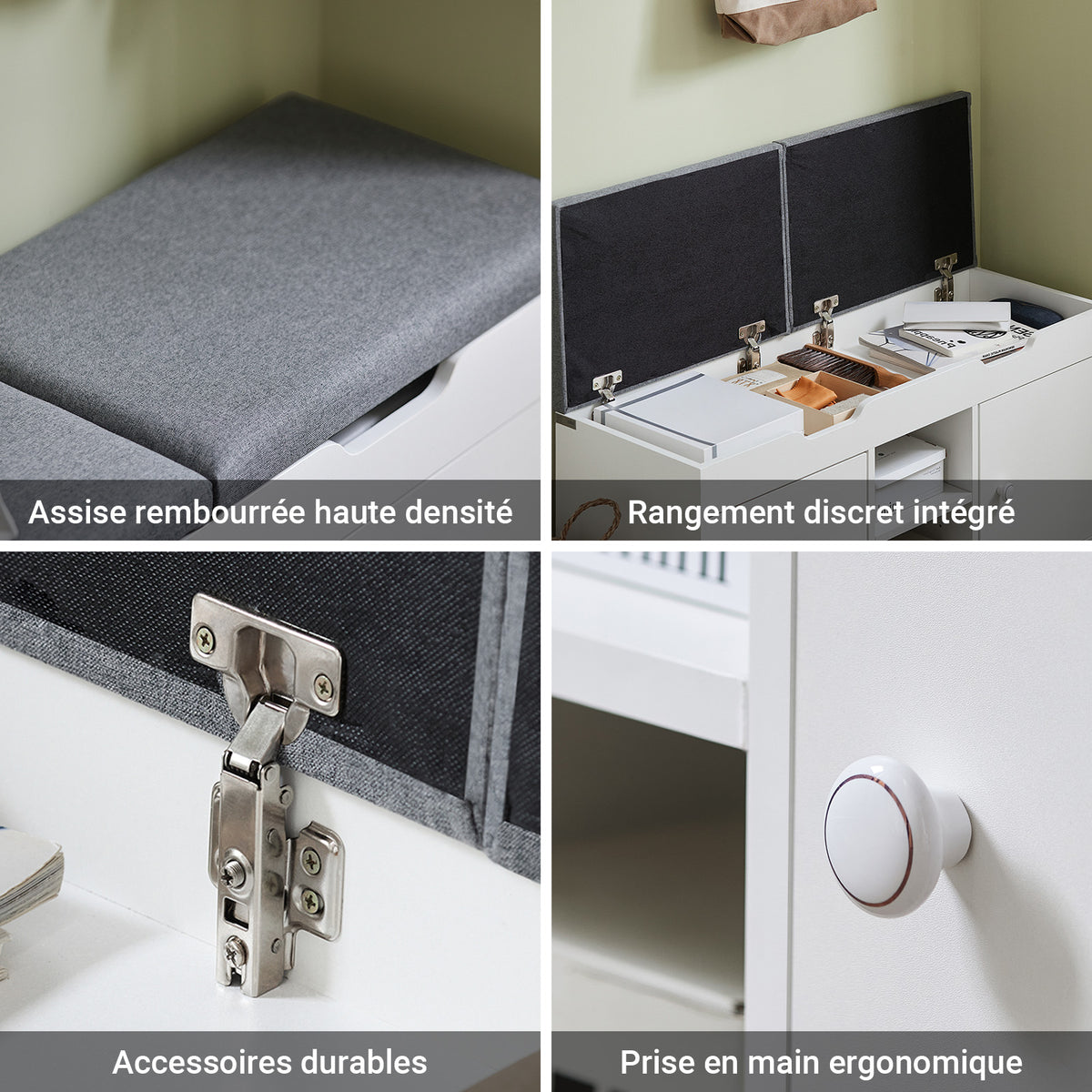 SoBuy FSR96-W Banc à Chaussures avec Coussin Rembourré, 2 Portes et 3 Étagères Réglables, Design Moderne, Compact – L100×P34×H47 cm, Charge 150 kg, Blanc