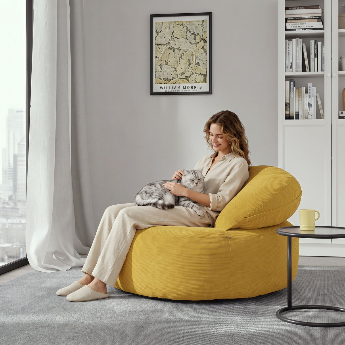 SoBuy FST100-Y Fauteuil Relax Scandinave en Velours Côtelé Jaune avec Pouf – Dossier Inclinable – 110×125×65 cm, Jaune