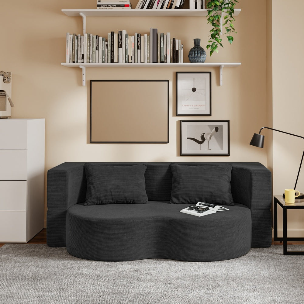 SoBuy FST101-SCH Canapé-Lit Convertible 2 Places Noir – Lit d'Appoint Dépliable pour Petits Espaces, Velours Côtelé Entièrement Déhoussable – 177×107×32 cm, Charge 227 kg