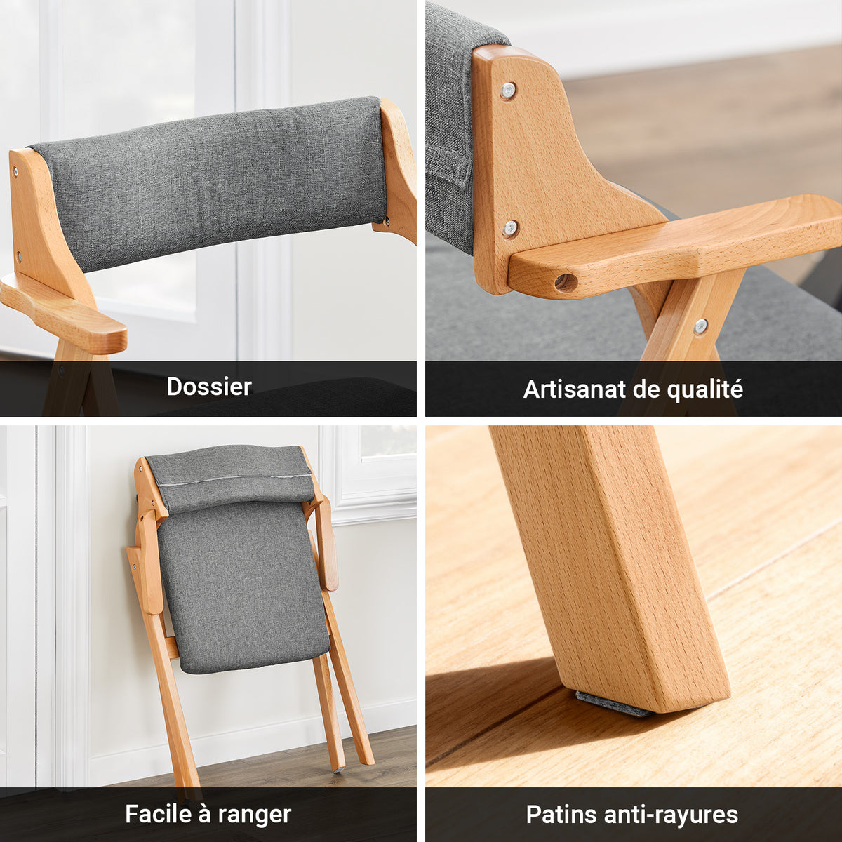 SoBuy FST98-HG Chaise Pliante avec Coussin, Confortable et Gain de Place, Pliable, Design Fonctionnel, Usage Quotidien, Format Pratique, Compact – Bois, Gris