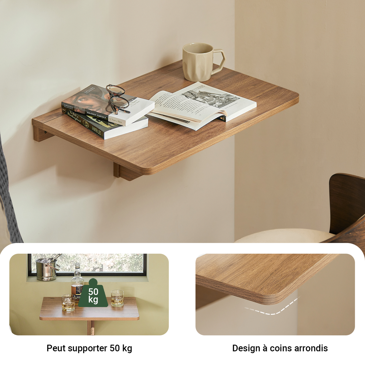 SoBuy FWT03-PF Table Murale Pliante 60×40 cm – Bureau ou Table Repas, Charge 50 kg, Vintage