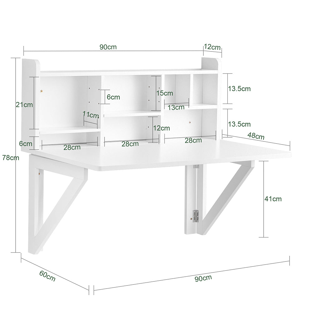 SoBuy FWT07-II-W Table murale rabattable 90 x 60 cm avec étagère intégrée – Bureau mural gain de place blanc