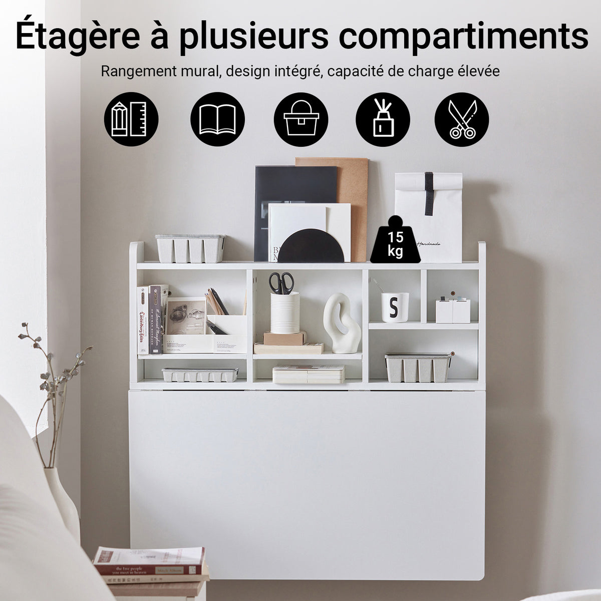 SoBuy FWT07-II-W Table murale rabattable 90 x 60 cm avec étagère intégrée – Bureau mural gain de place blanc