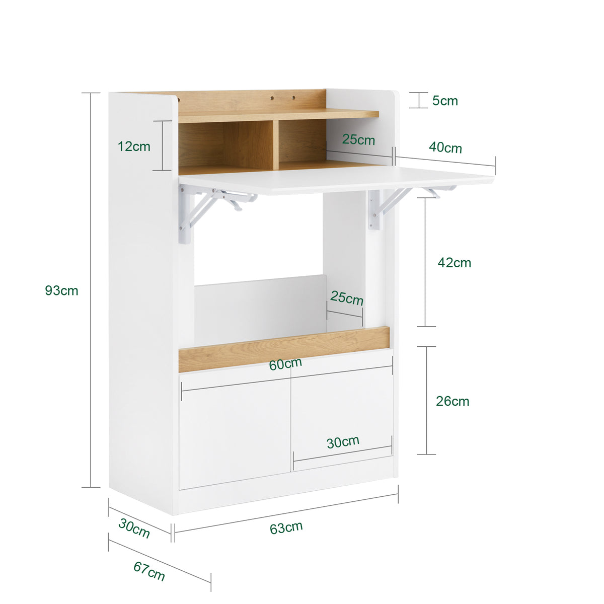 SoBuy FWT109-WN Bureau pliant gain de place 63 cm avec 2 tiroirs et étagères – Blanc et bois