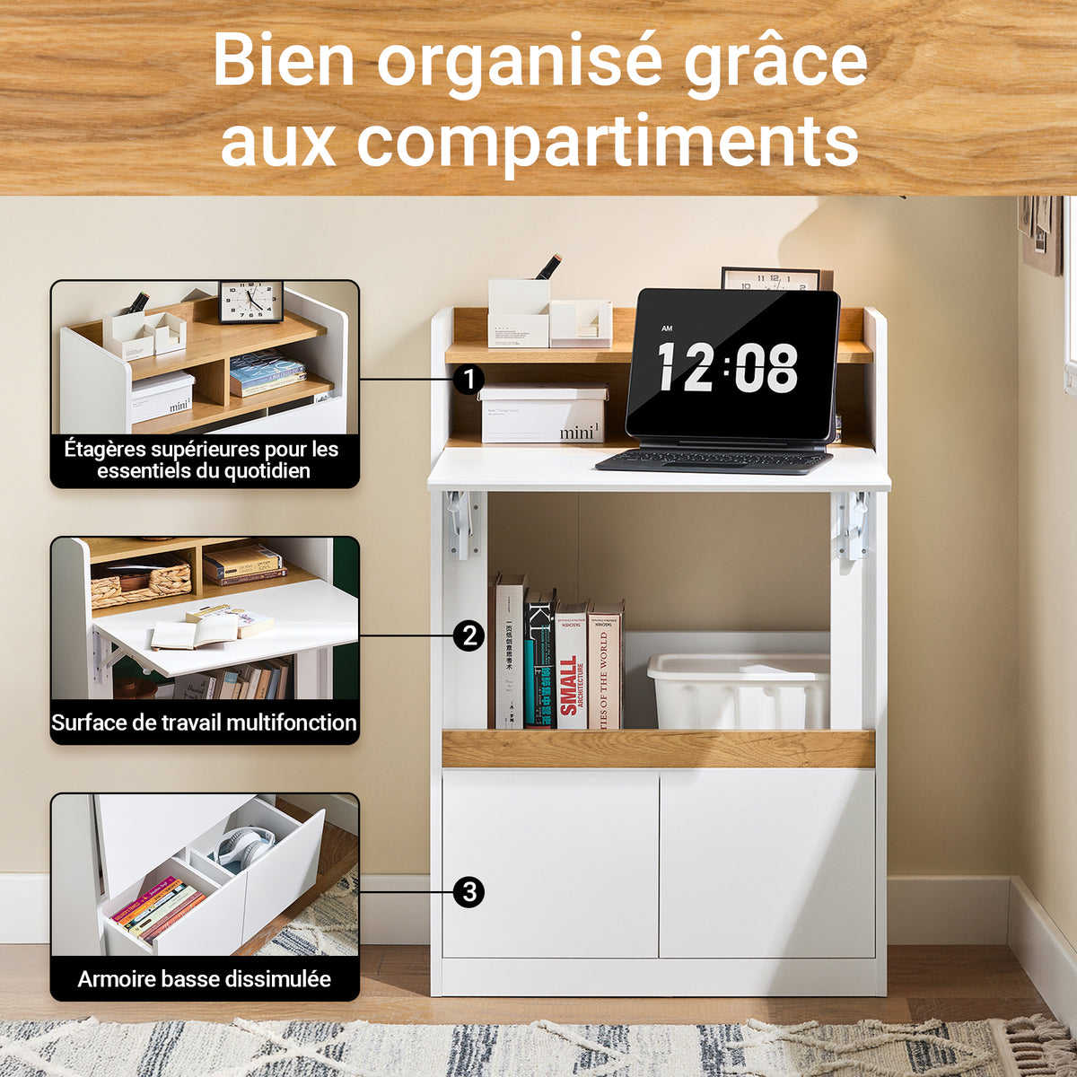 SoBuy FWT109-WN Bureau pliant gain de place 63 cm avec 2 tiroirs et étagères – Blanc et bois