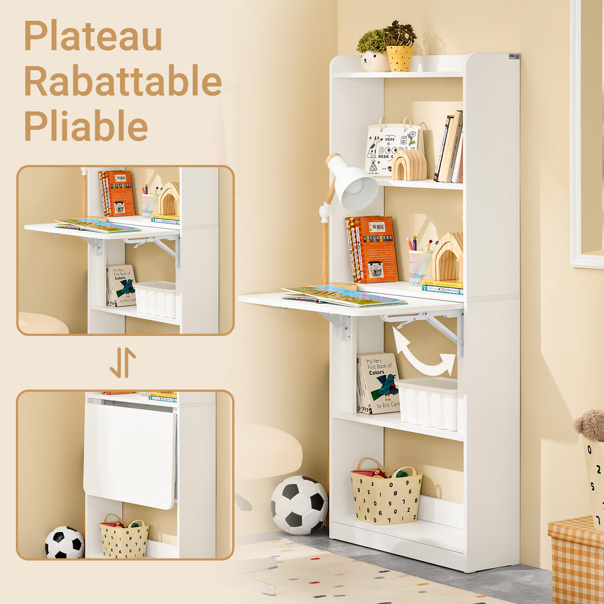 SoBuy FWT92-H-W Bureau pliable escamotable avec étagères 64 x 58 cm – Bureau ordinateur rabattable blanc gain de place