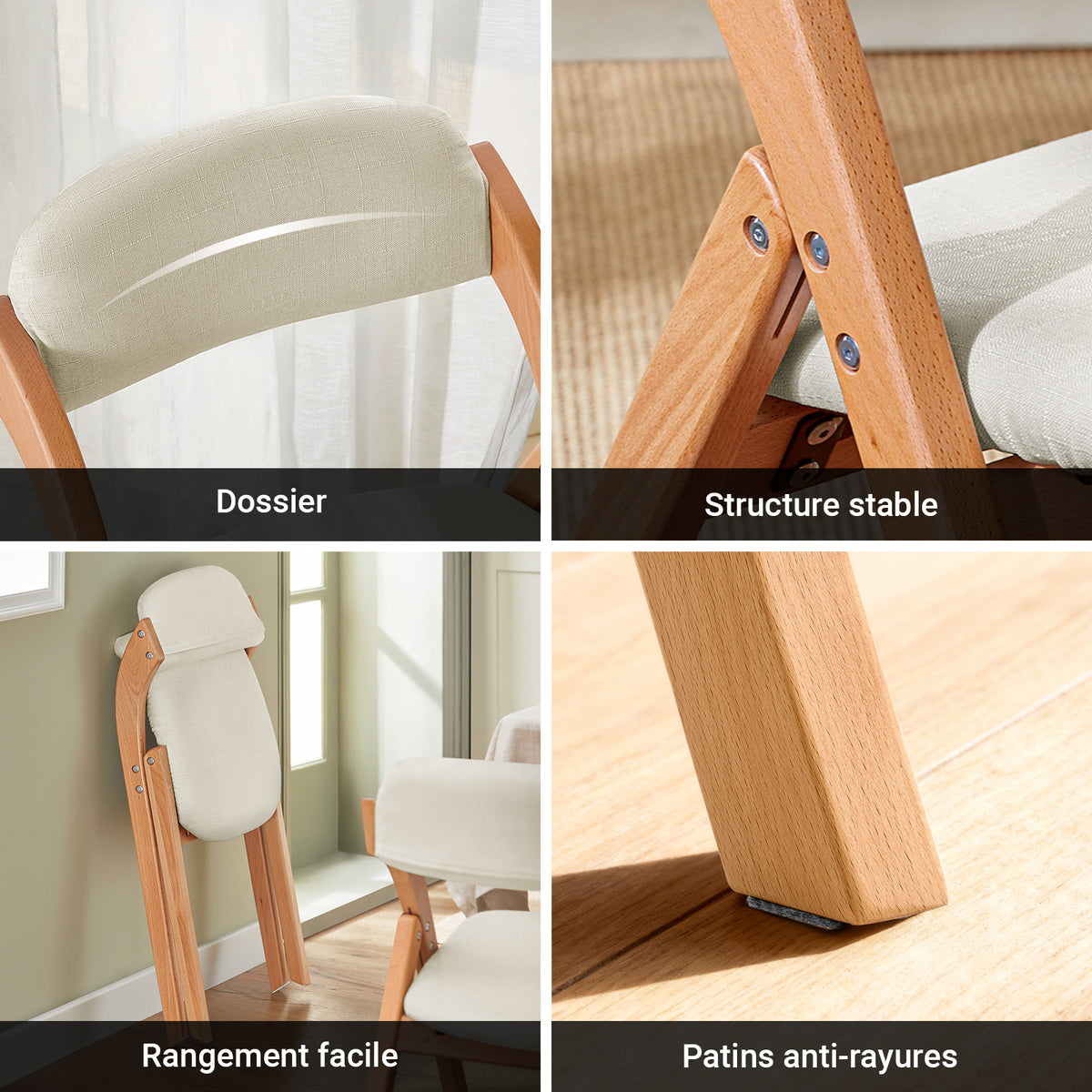 SoBuy FST92-W Chaise Pliante en Bois Massif, Assise et Dossier Rembourrés, Housse Amovible – Crème et Bois Naturel