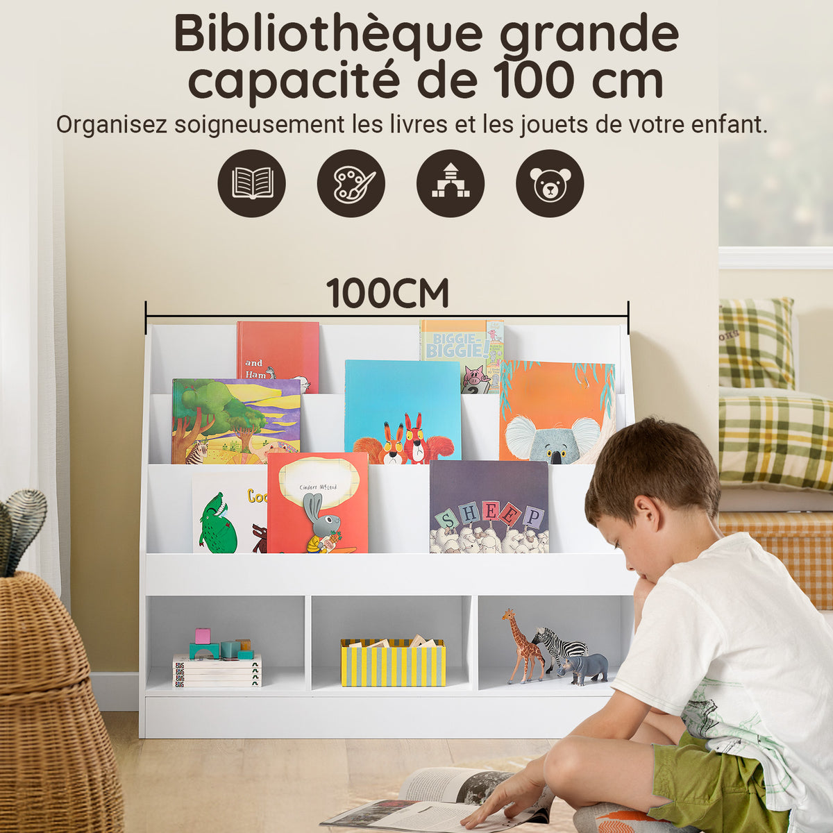 SoBuy KMB118-W Bibliothèque Enfant avec Étagère Supérieure et 3 Compartiments, Coins Arrondis et Dispositif Anti-Basculement – L100×P30×H80 cm, PB E1, Blanc