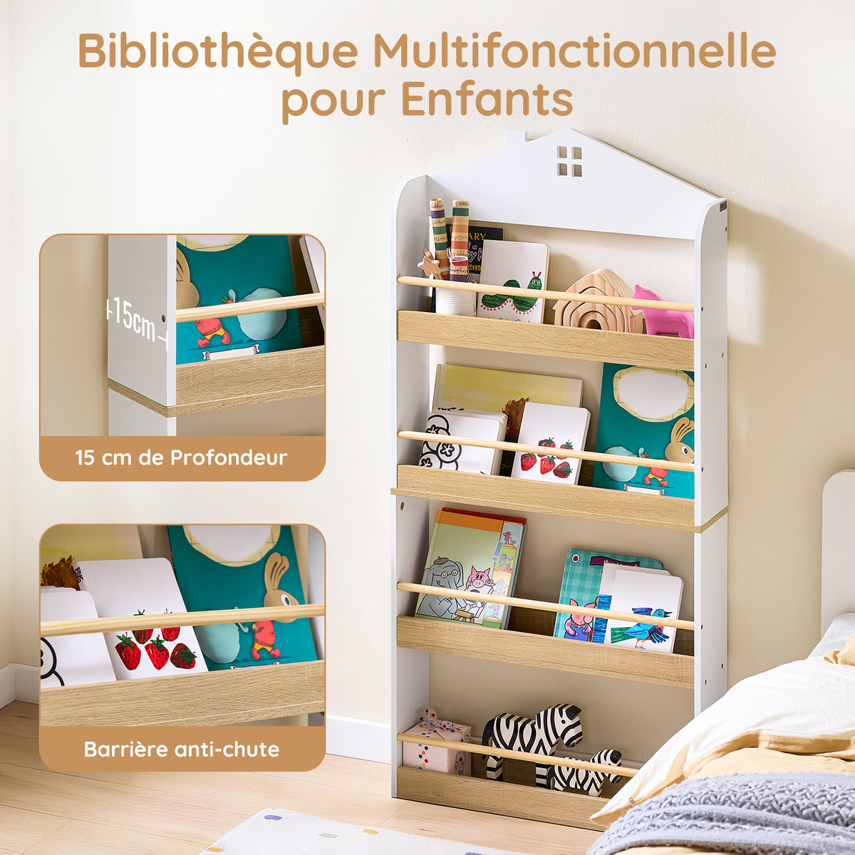 SoBuy KMB121-WN Bibliotheque Enfant Étagère Livre Enfant 4 Niveaux Meuble Rangement Jouet Bibliothèque Meuble de Rangement Etagere Chambre Blanc-Naturel 60x15x130.5 cm