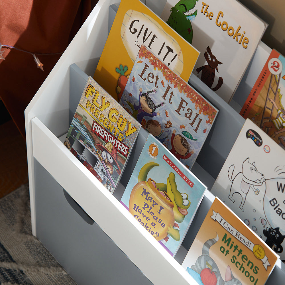 SoBuy KMB17-HG Bibliothèque Étagère à Livres Étagère de Rangement Jouets pour Enfants Porte-revues à 3 Niveaux avec 1 boîte de Rangement