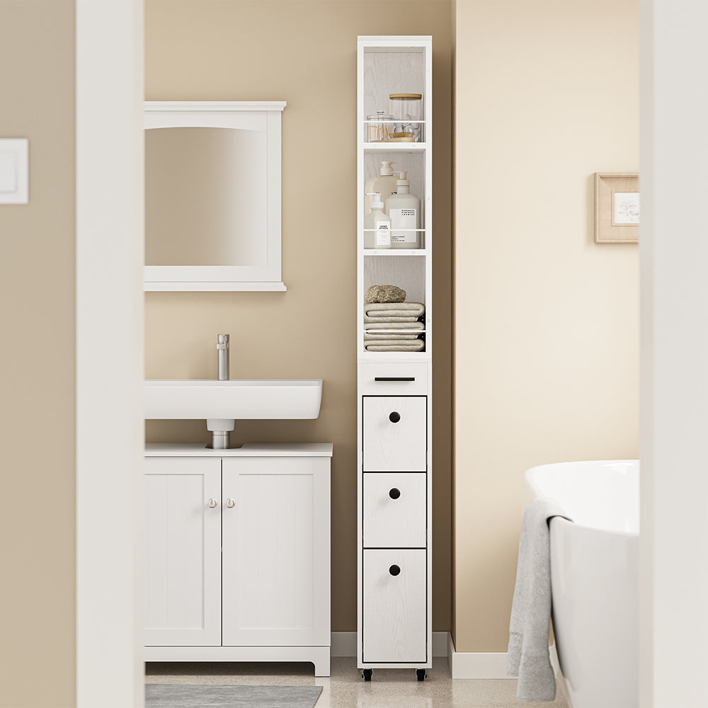 SoBuy NSR13-WG Chariot de Rangement Étroit 20 cm sur Roulettes, 170 cm de Haut, 3 Tiroirs et 3 Étagères, Barres Anti-chute – Blanc