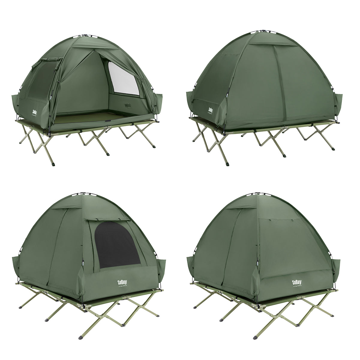 SoBuy OGS32-II-L-GR Tente de Camping 3 en 1 avec Lit de Camp et Moustiquaire – 2 Personnes, L193×P188×H145 cm, Charge 180 kg, Gris