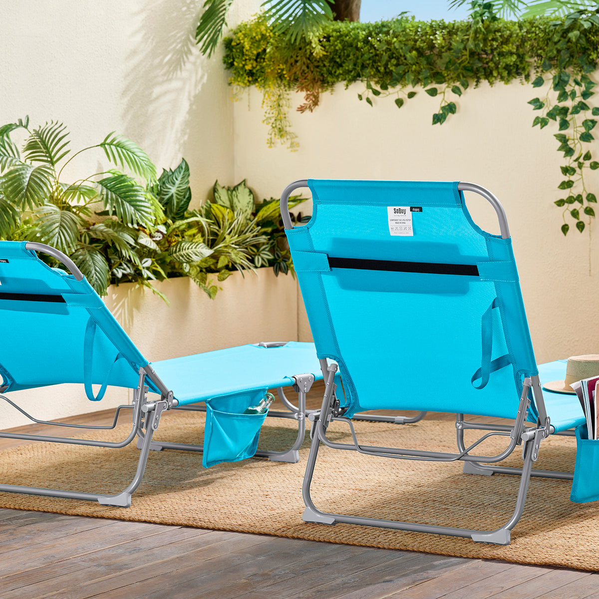 SoBuy OGS35-B Transat de Jardin Pliable avec Oreiller et Poche Latérale, Chaise Longue Relax, Confortable, Design Fonctionnel – L155×P56×H81 cm, Bleu Ciel