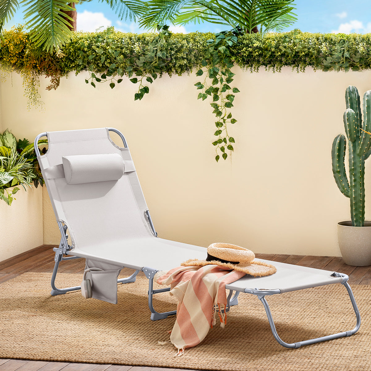 SoBuy OGS35-MI Transat de Jardin Pliable avec Oreiller et Poche Latérale, Chaise Longue Relax, Confortable, Design Fonctionnel – L155×P56×H81 cm, Beige
