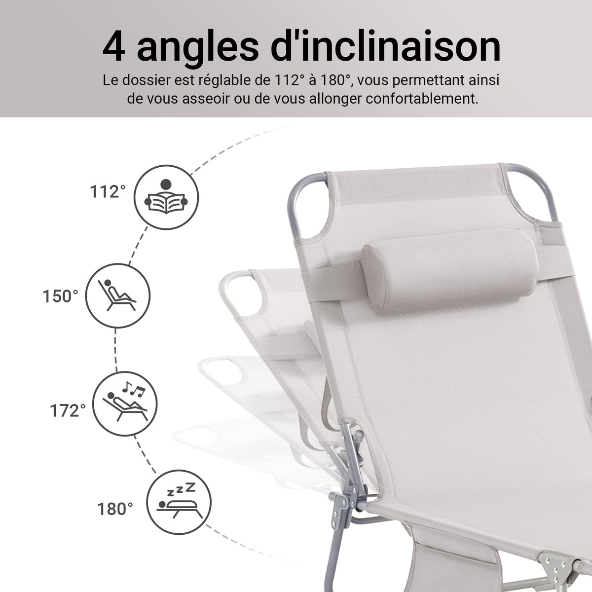 SoBuy OGS35-MI Transat de Jardin Pliable avec Oreiller et Poche Latérale, Chaise Longue Relax, Confortable, Design Fonctionnel – L155×P56×H81 cm, Beige